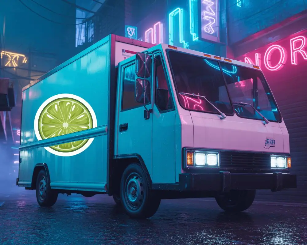 Urban Neon Logistics Truck Sticker Mockup Futuristic City Delivery Environment