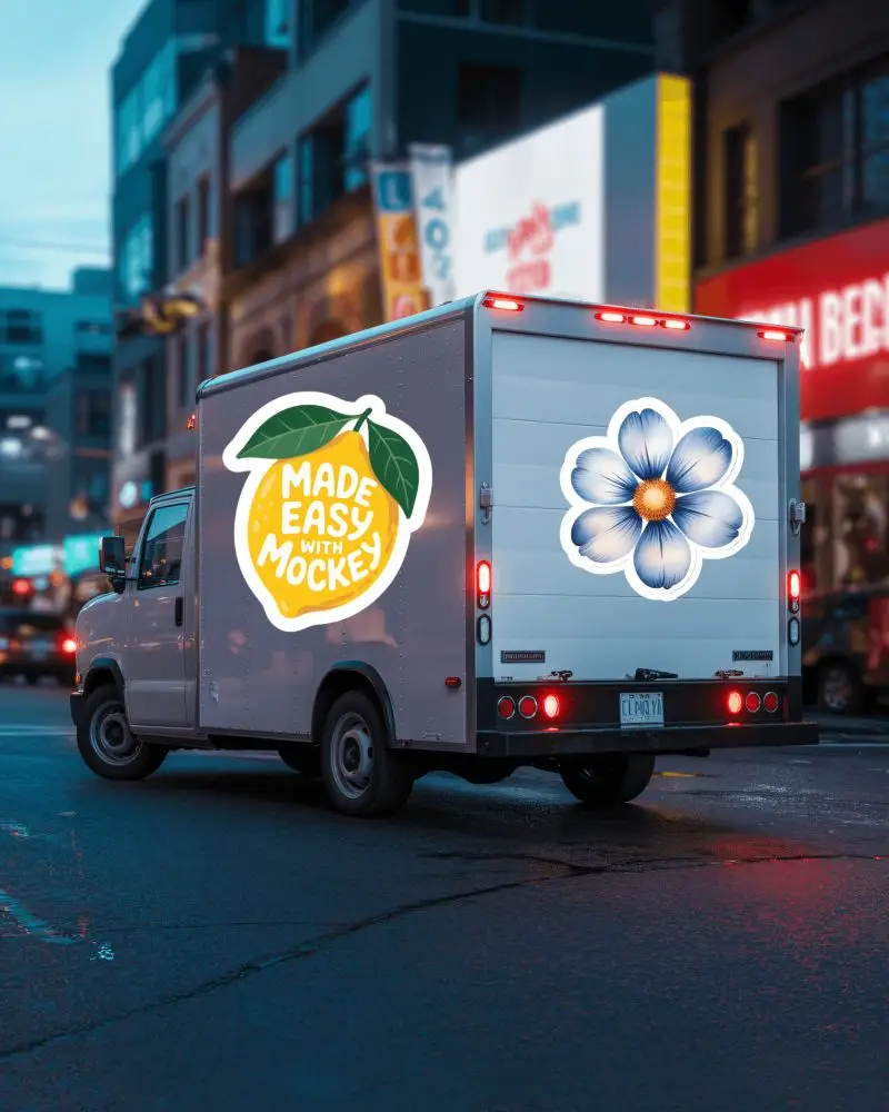 Urban Delivery Truck Rear Panel Sticker Mockup Driving Through Evening City Street