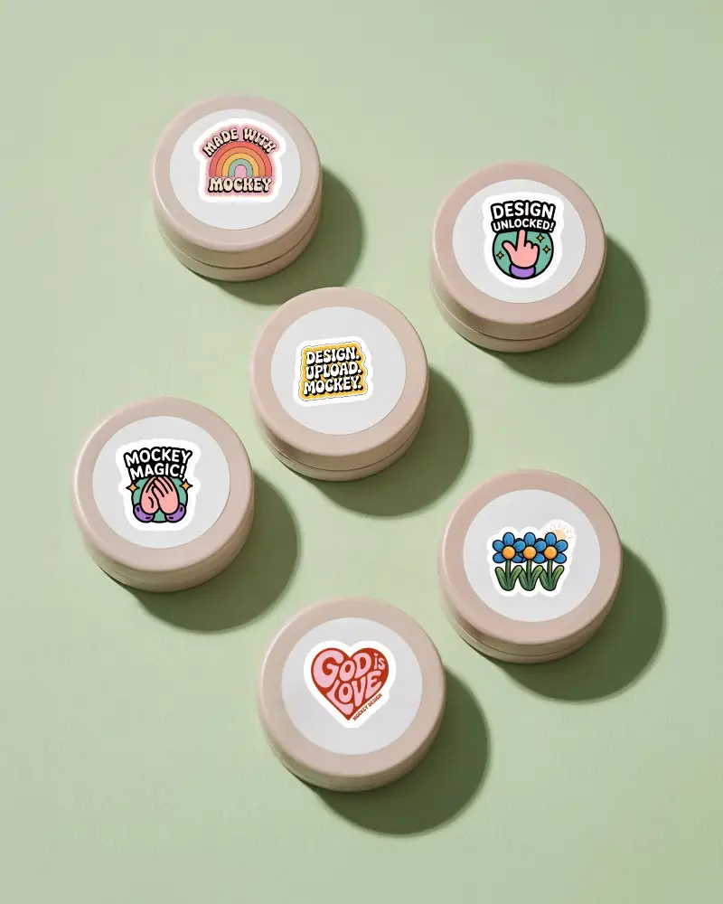 Cosmetic Jar Lid Sticker Mockup Set Flat Lay On Soft Green Textured Background