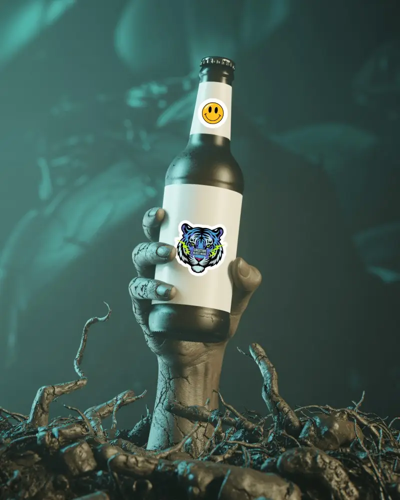Horror Themed Bottle Label Sticker Mockup Hand Emerging From Roots Dark Cinematic Scene