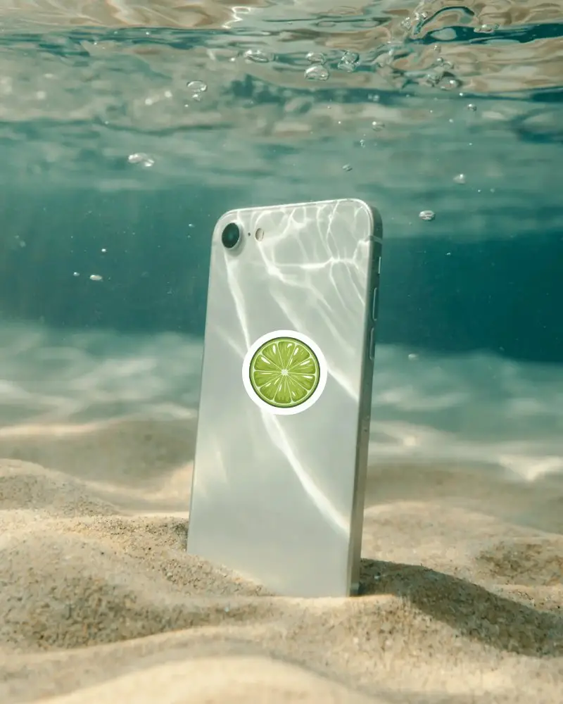 Mobile Phone Placed Upright In Sea Sand With Bubbles Around Calm Ocean Water Stickrer Mockup