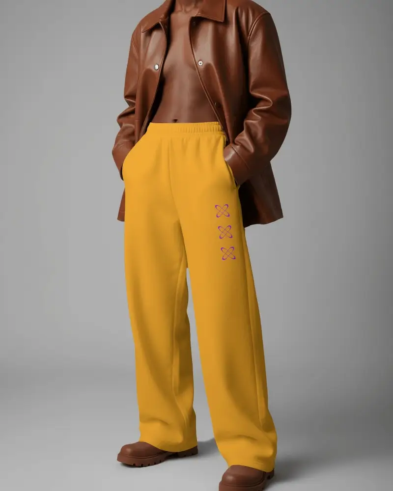 Premium Streetwear Sweatpants Model Wearing Wide Leg Bottoms With Leather Jacket Hands In Pockets