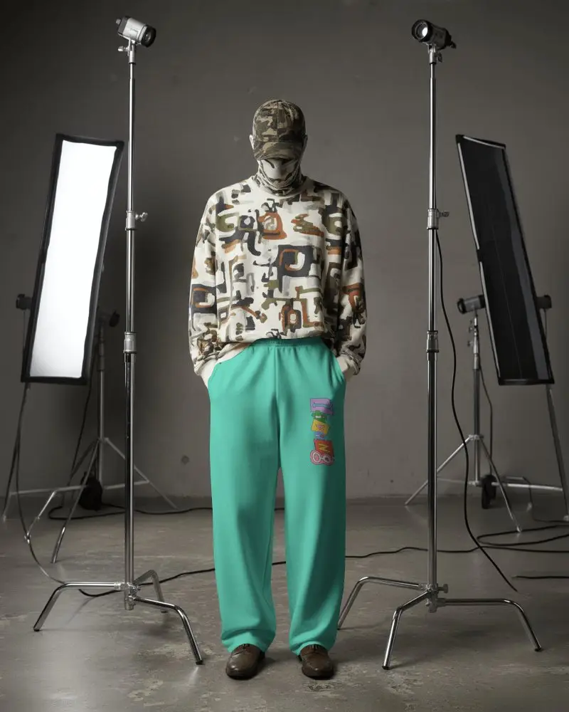 Studio Lighting Sweatpants Mockup Male Model Standing With Hands In Pockets And Studio Backdrop