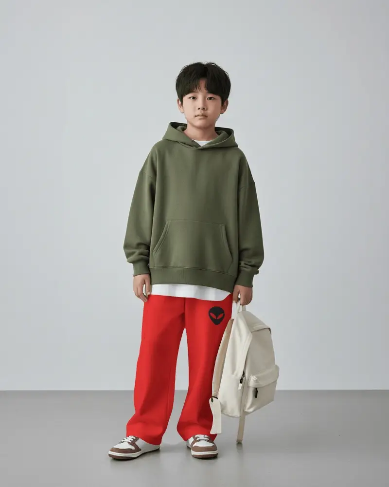 Kidswear Sweatpants Mockup Child Model Standing Front View With Hoodie And Backpack In Minimal