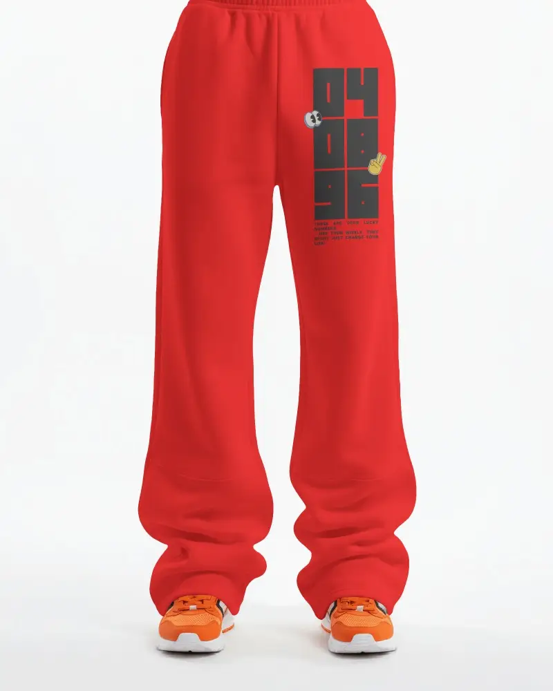 Front View Sweatpants Mockup Close Up With Wide Leg Fit Stacked Hems And Bold Sneaker Styling