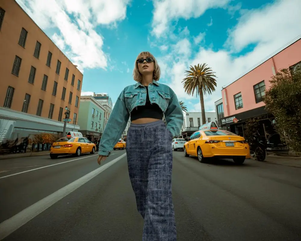 Downtown Style Sweatpants Mockup Female Model In Denim Jacket Street Vibe