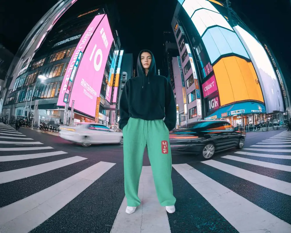Neon City Sweatpants Mockup Person In Hoodie Standing On Crosswalk Night Style