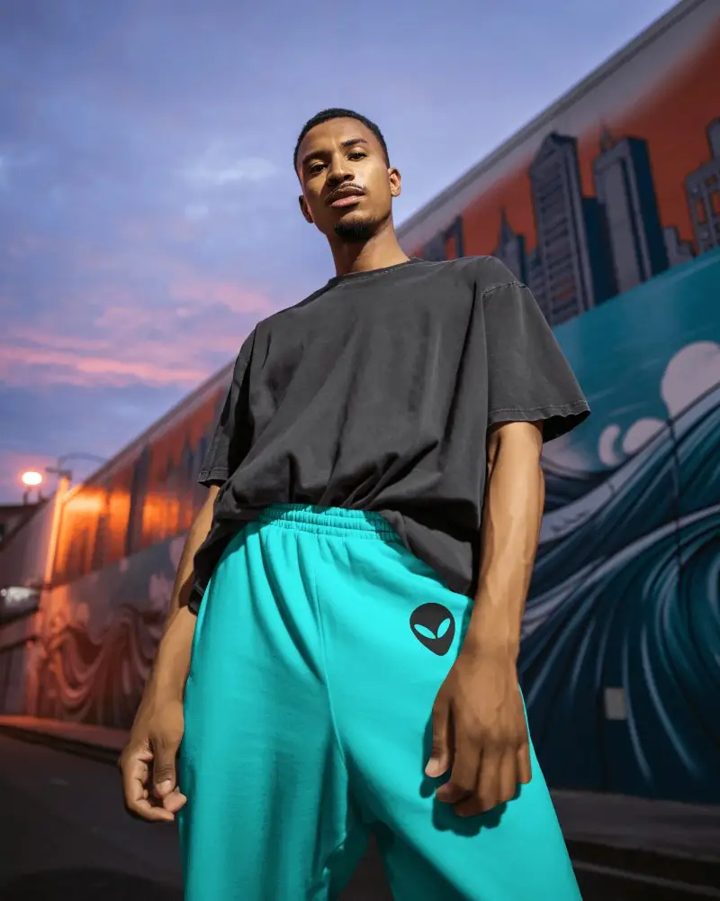 Street Art Sweatpants Mockup Male Model In Urban Alley Under Dusk Sky