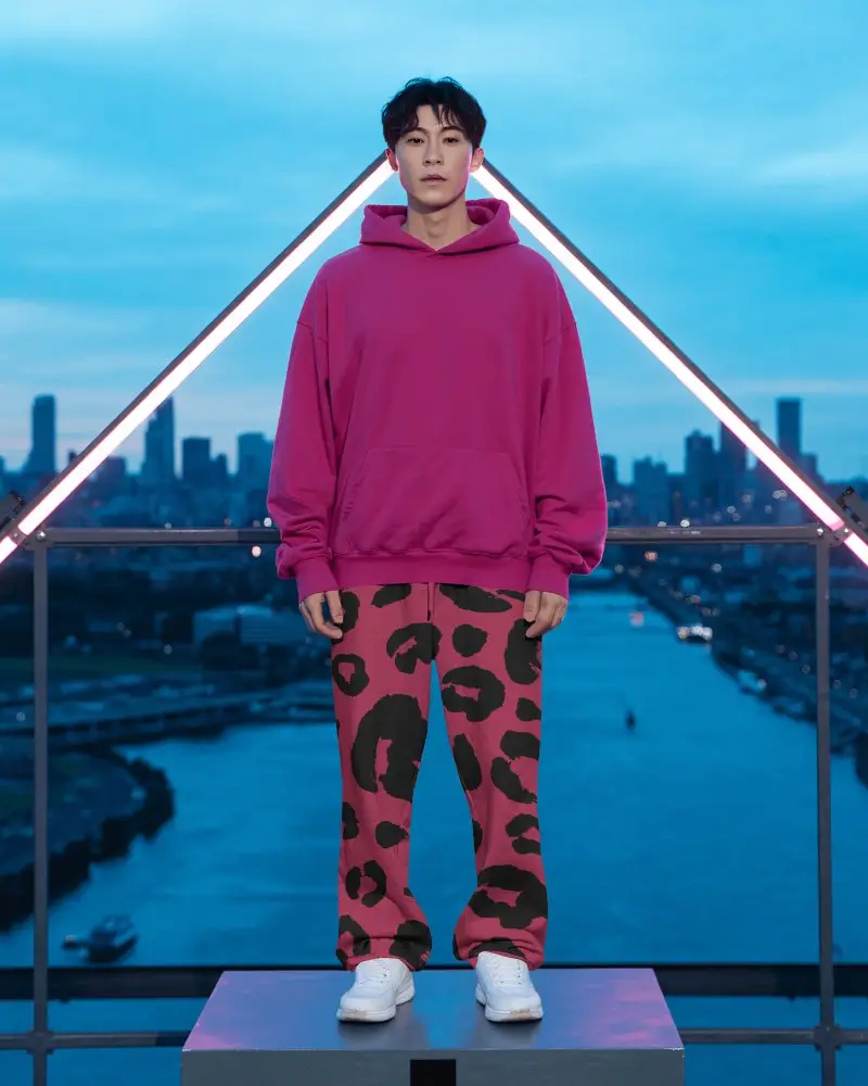 Skyline Sweatpants Mockup Evening City View With Neon Triangle Frame Ooftop Scene And Balanced Light