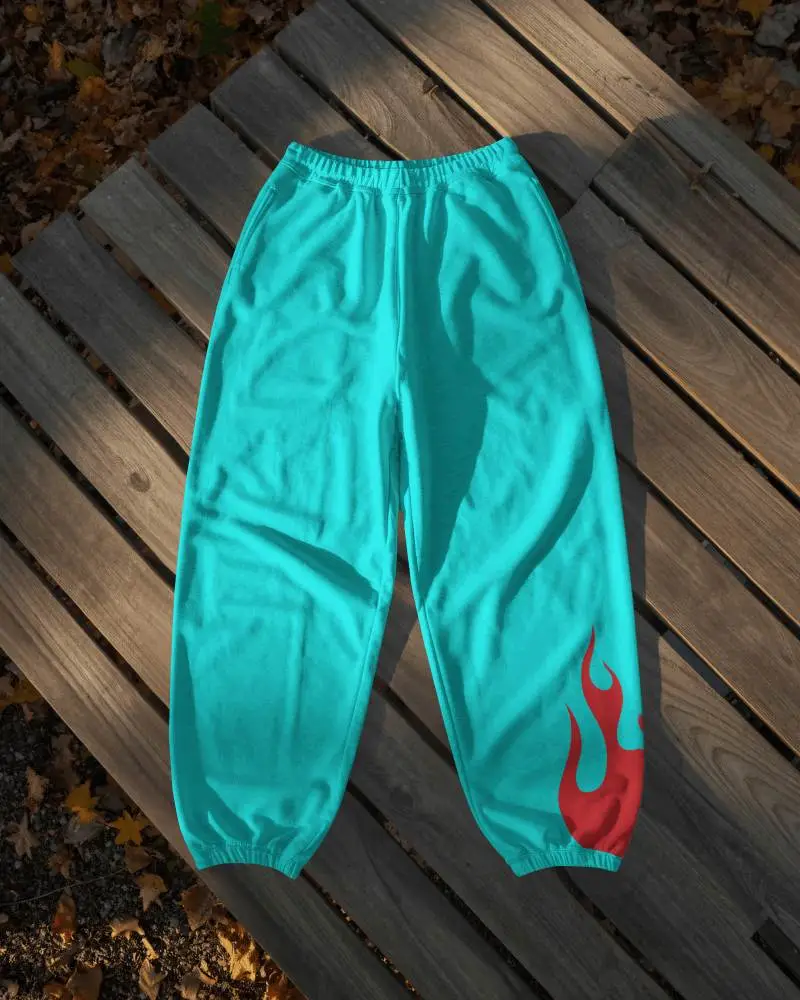 Natural Light Sweatpants Mockup Flat Lay On Wooden Planks Outdoor Setting