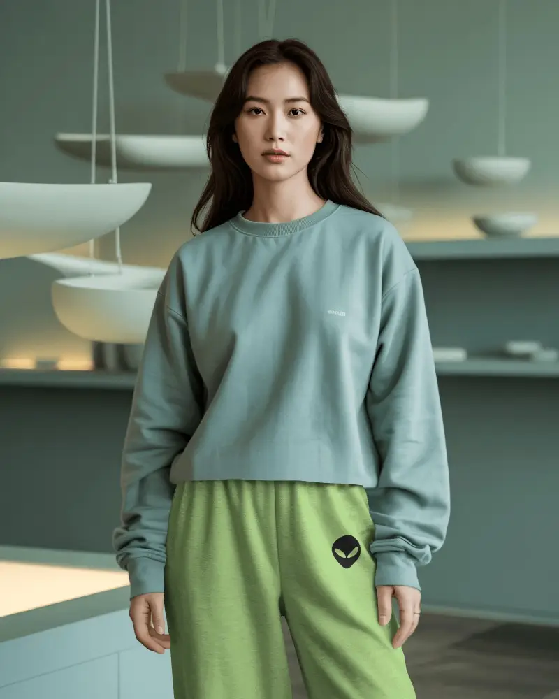 Modern Sweatpants Mockup Soft Minimal Interior With Muted Green Tones Aesthetic Balanced Soft Light