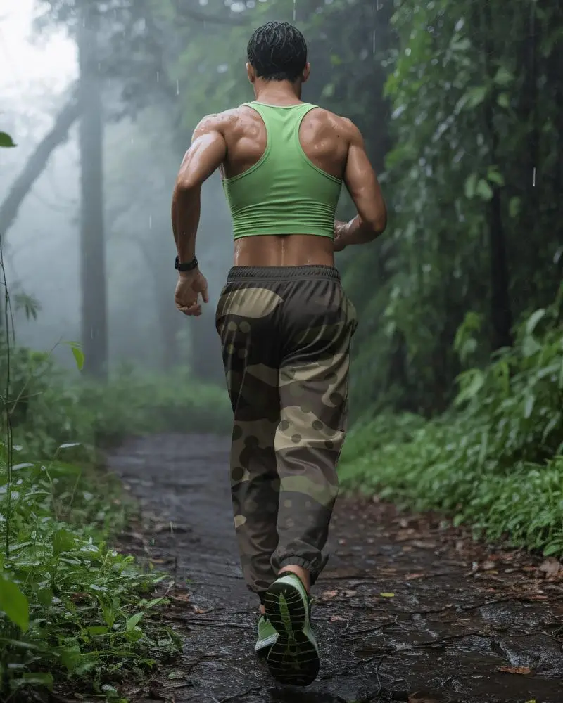 Athletic Sweatpants Mockup Dynamic Runner In Misty Jungle Trail Path And Active Motion