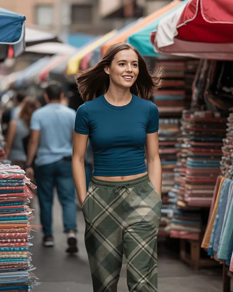 Market Street Sweatpants Mockup Casual Walk Through Colorful Outdoor Stalls