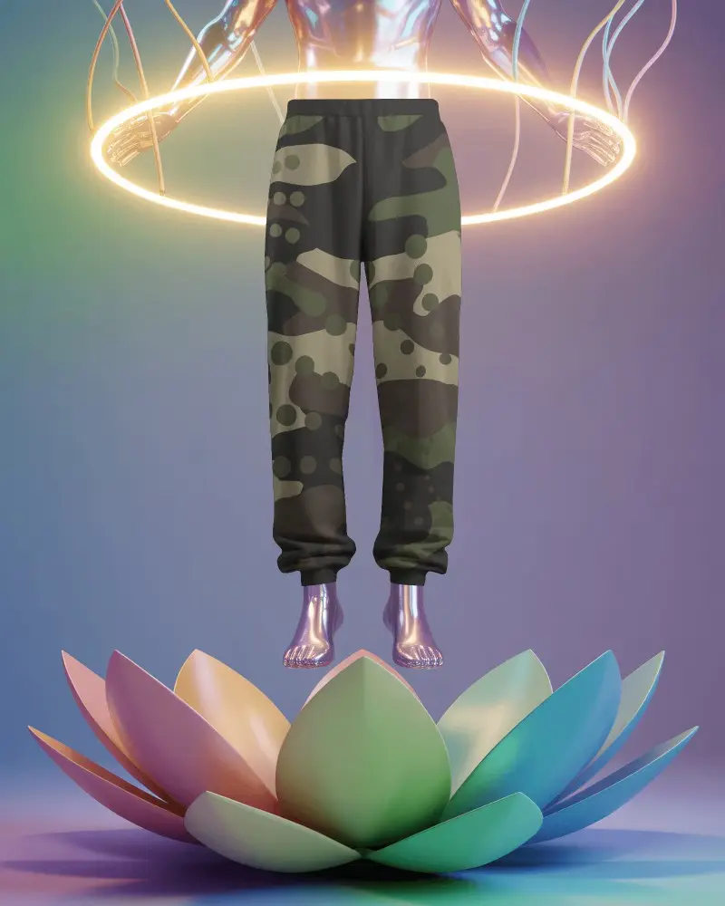 Ethereal Levitating Sweatpants Mockup Floating Above Radiant Multicolor Lotus With Glowing Halo