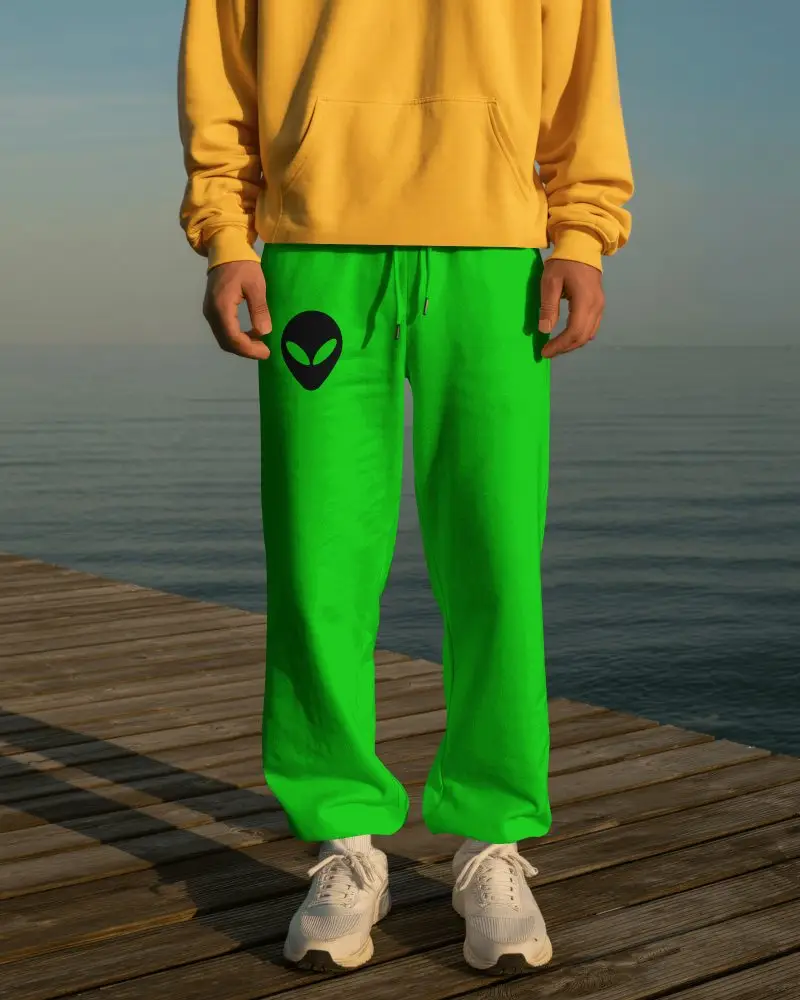 Golden Sunset Sweatpants Mockup Relaxed Figure Standing On Wooden Pier Over Calm Ocean