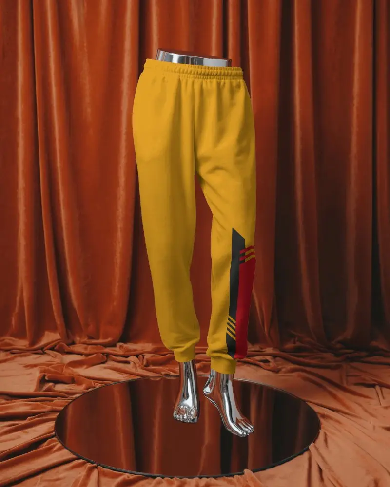 Luxury Draped Sweatpants Mockup On Metallic Mannequin With Rich Velvet Curtain Backdrop