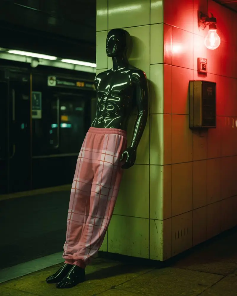 Moody Subway Sweatpants Mockup Black Mannequin Leaning Against Tiled Wall Under Red Light