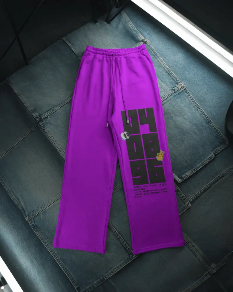 Flatlay Sweatpants Mockup On Denim Patchwork Surface Stylish Streetwear Display Modern Look