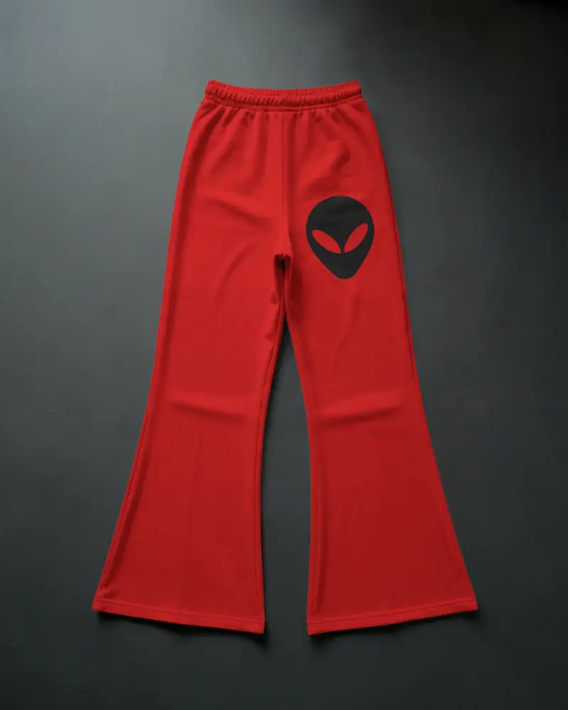 Flared Sweatpants Mockup Flatlay On Dark Floor Wide Leg Style Clean Minimal Fashion Layout