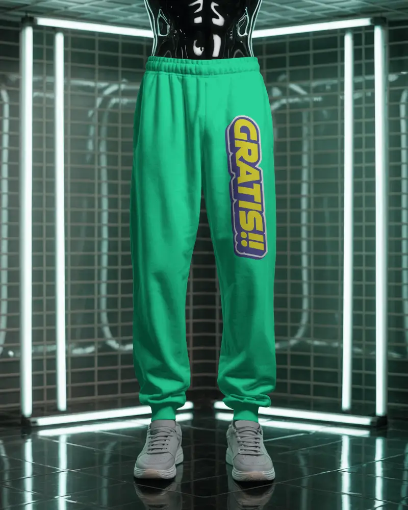 Futuristic Sweatpants Mockup On Mannequin Glowing Neon Studio Lights Modern Streetwear Vibe