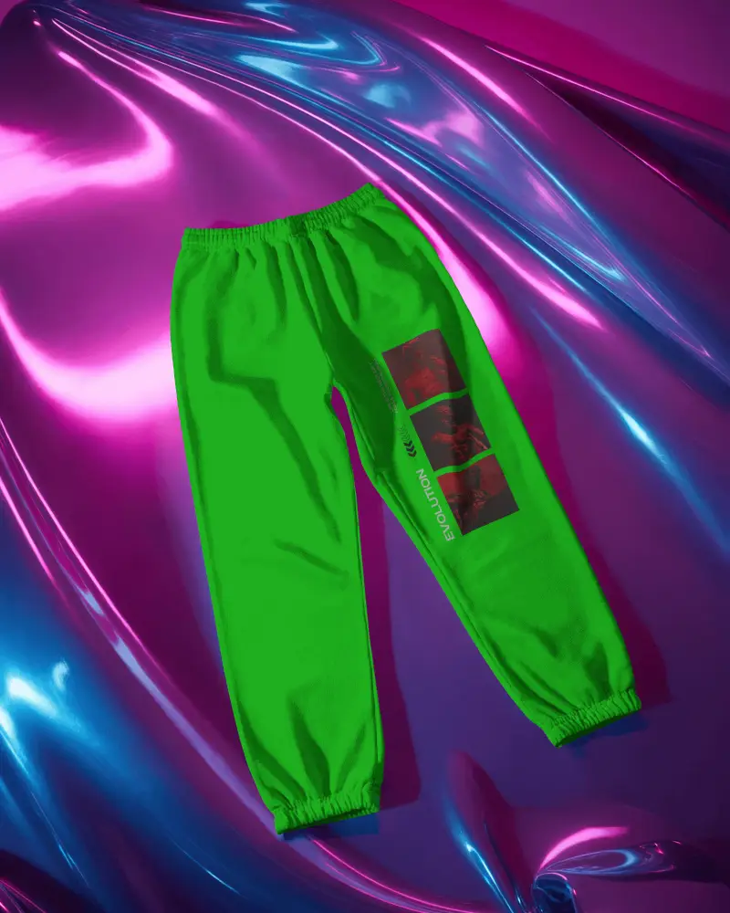 Glossy Backdrop Sweatpants Mockup Floating On Vivid Metallic Pink Blue Background Fashion