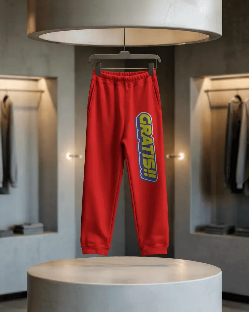 Modern Showroom Sweatpants Mockup Hanging Display With Soft Lighting On Round Stage