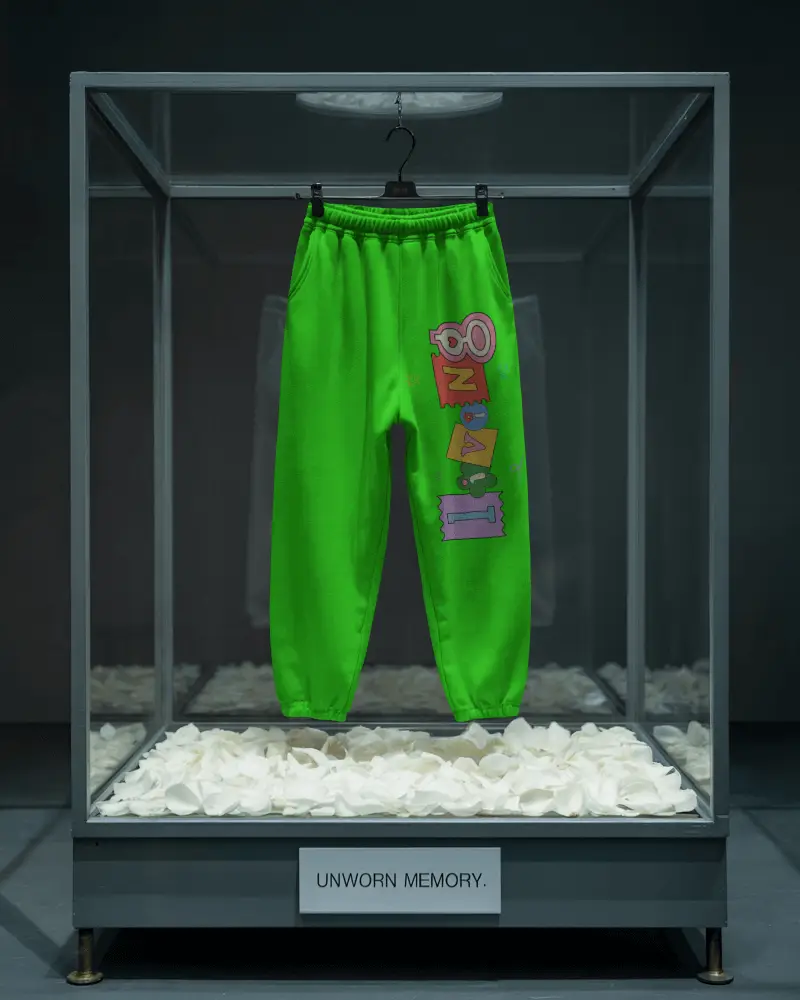 Artistic Display Sweatpants Mockup In Glass Case With White Petals And Moody Lighting
