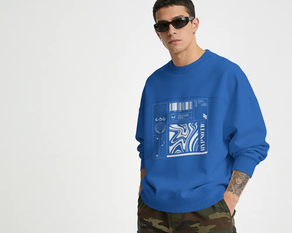 Oversized Comfort Stylish Crewneck Sweatshirt Mockup For Men With Ribbed Cuffs And Hem