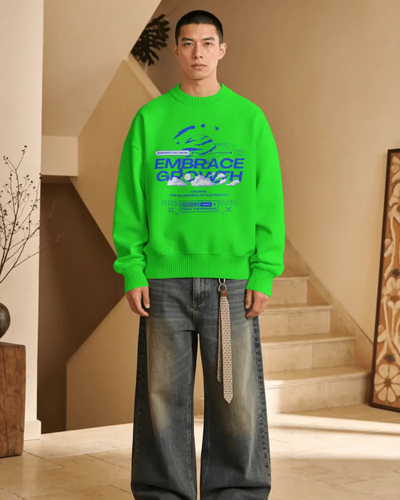 Modern Minimalist Ribbed Crewneck Sweatshirt Mockup With Baggy Jeans For Cool Weather Outfits