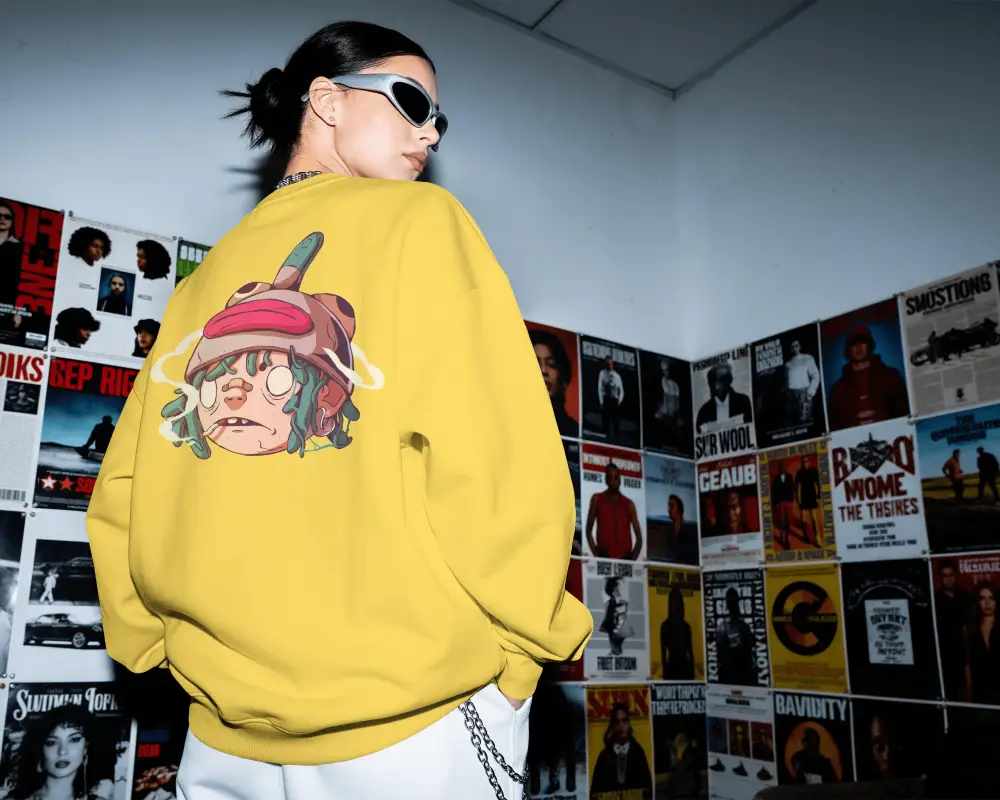 Minimalist Sweatshirt Mockup Back View Model Wearing Sunglasses In Poster Setup Room