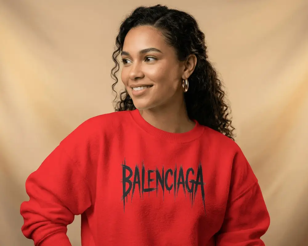Beige Studio Backdrop Sweatshirt Mockup Female Model Smiling In Natural Light Casual Apparel