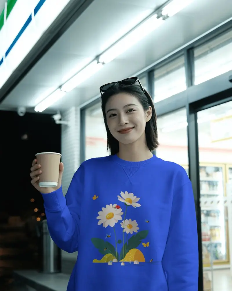 Night Convenience Store Sweatshirt Mockup Female Model Holding Coffee In Evening Streetwear Style