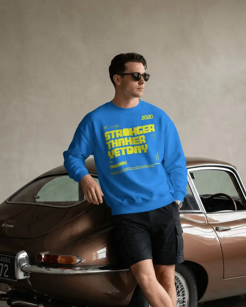 Vintage Car Studio Sweatshirt Mockup Male Model Wearing Crewneck With Premium Retro Fashion Style