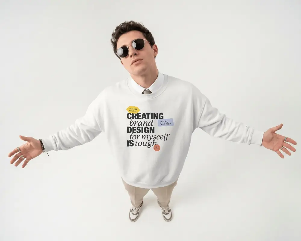 Overhead Studio Sweatshirt Mockup Male Model Wearing Crewneck With Open Arms And Sunglasses