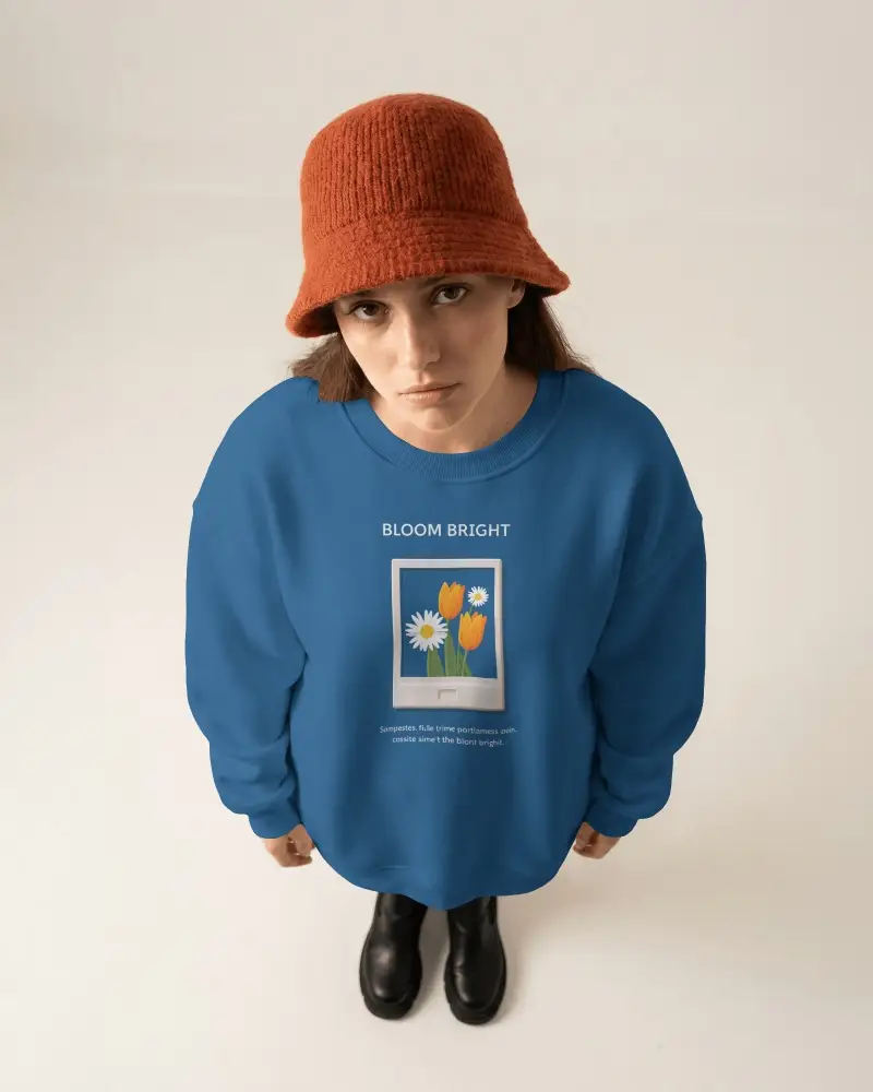 High Angle Sweatshirt Mockup Female Model Wearing Crewneck With Orange Knit Bucket Hat