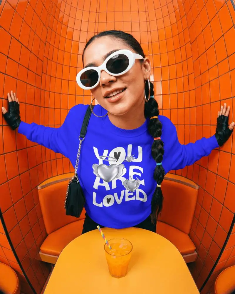 Orange Tile Cafe Sweatshirt Mockup Female Model Wearing Crewneck With White Sunglasses