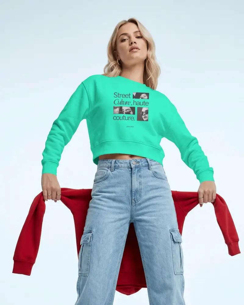Low Angle Cropped Sweatshirt Mockup Female Model Wearing Crewneck With Light Blue Cargo Jeans