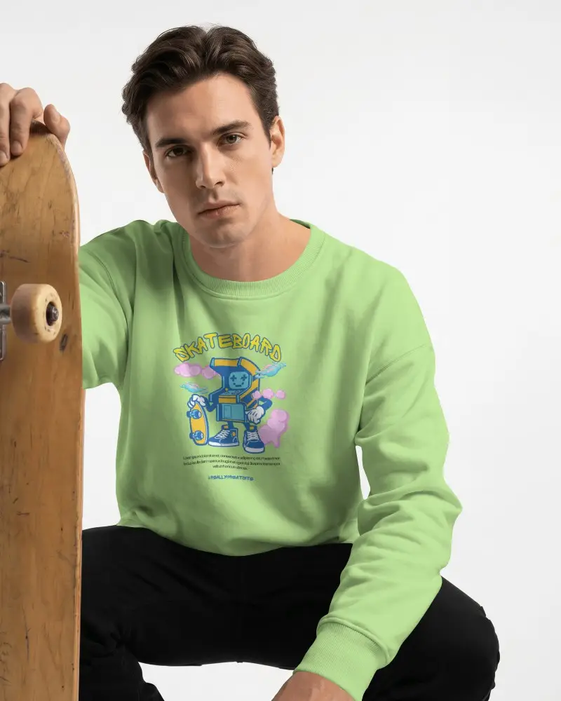 Skateboard Studio Sweatshirt Mockup Male Model Wearing Crewneck In Minimal White Background