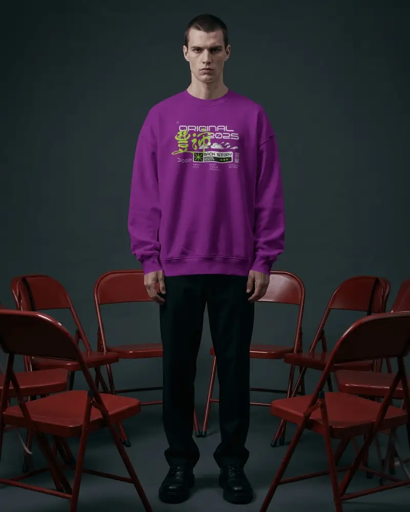 Dark Studio Sweatshirt Mockup Male Model Wearing Crewneck Surrounded By Red Folding Chairs