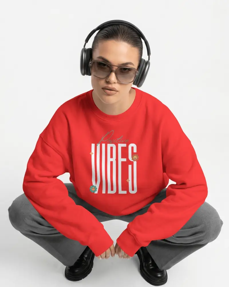 Headphones Studio Sweatshirt Mockup Female Model Wearing Crewneck In Squat Pose With Sunglasses