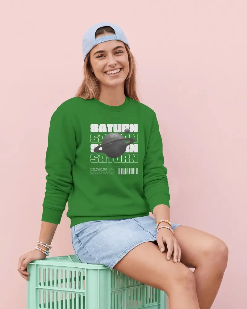 Pink Wall Sweatshirt Mockup Female Model Smiling In Crewneck With Backward Cap And Denim Skirt