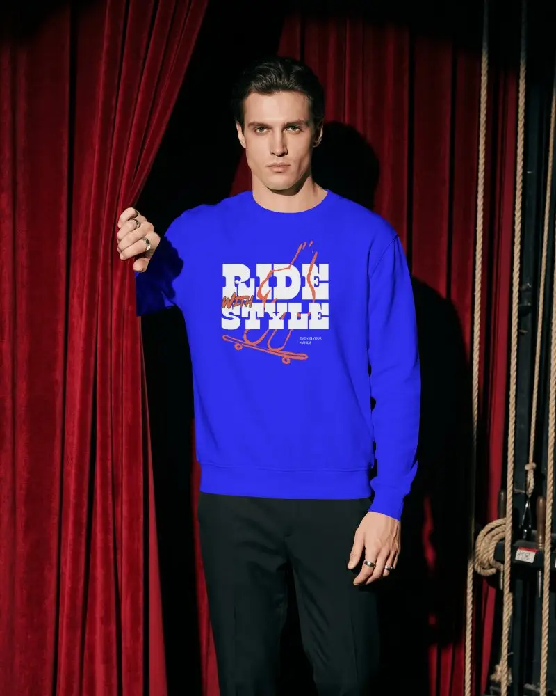 Red Curtain Theater Sweatshirt Mockup Male Model Wearing Crewneck In Dramatic Stage Lighting