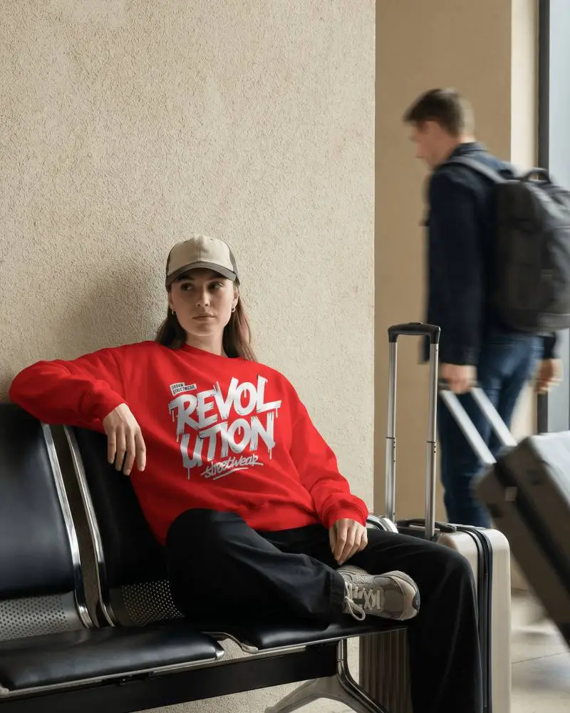Airport Lounge Sweatshirt Mockup Female Model Wearing Crewneck With Cap And Travel Luggage