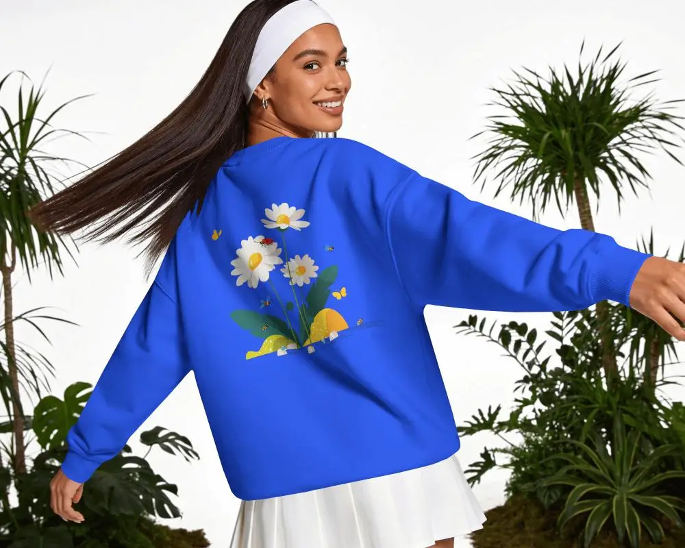 Oversized Sweatshirt Mockup Female Model Turning Back With Flowing Hair In Tropical Studio