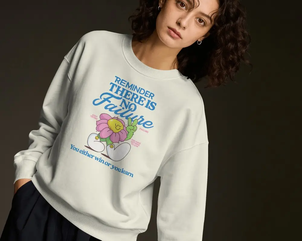 Oversized Sweatshirt Mockup Female Model Leaning Sideways Against Dark Studio Background
