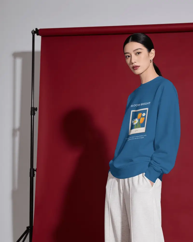 Studio Sweatshirt Mockup Young Woman Posing Against Deep Red Seamless Background