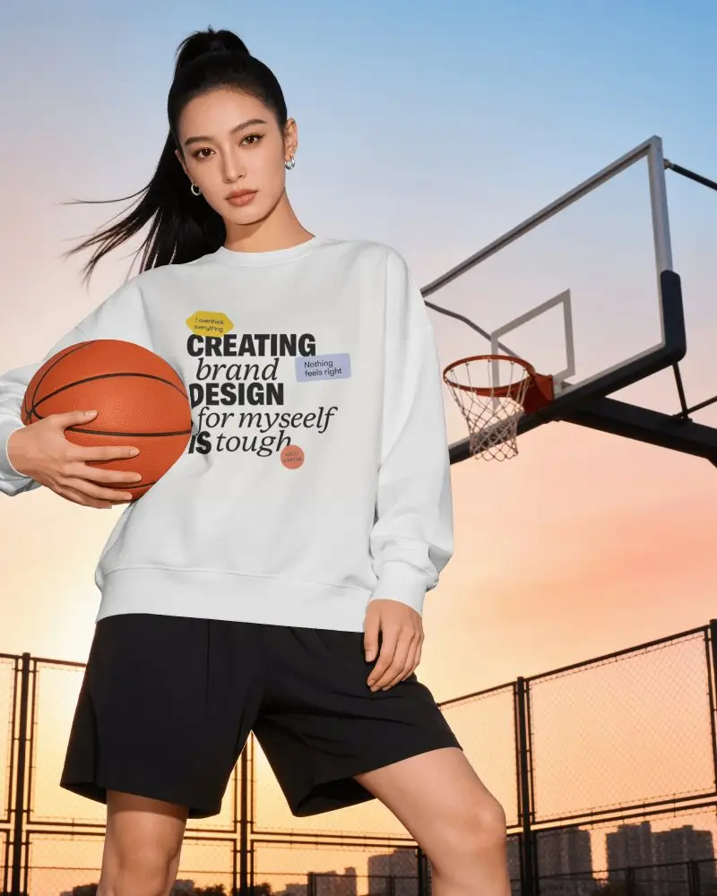 Basketball Sweatshirt Mockup Female Model Holding Ball On Outdoor Court At Sunset