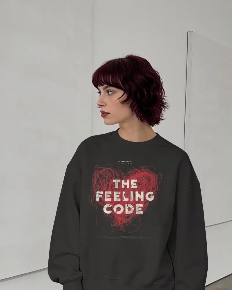 Oversized Sweatshirt Mockup Female Model With Short Burgundy Hair In Minimal White Interior