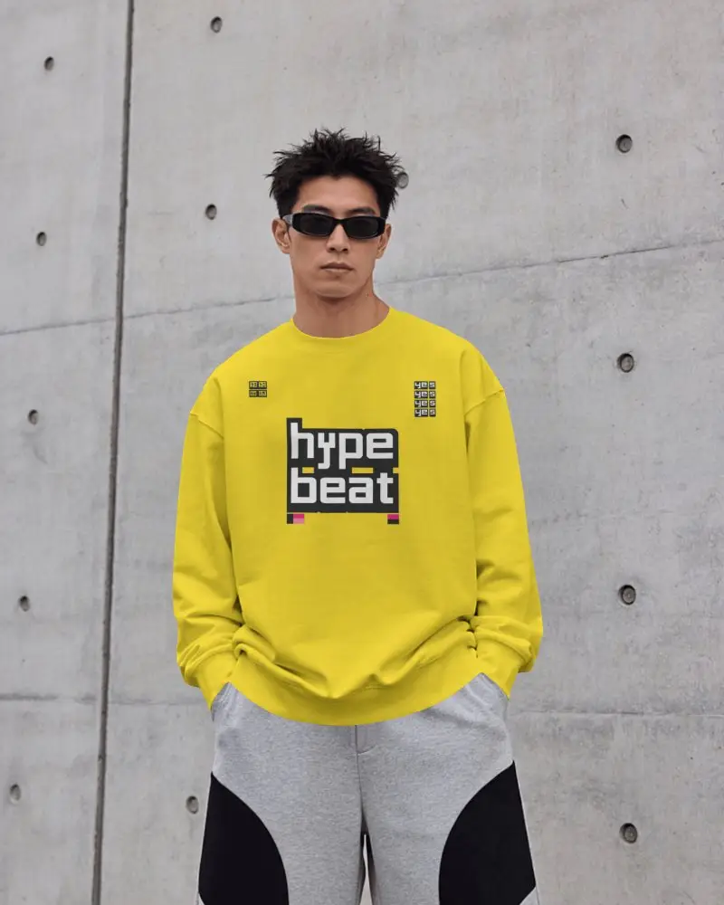 Oversized Sweatshirt Mockup Male Model Wearing Sunglasses Against Raw Concrete Wall