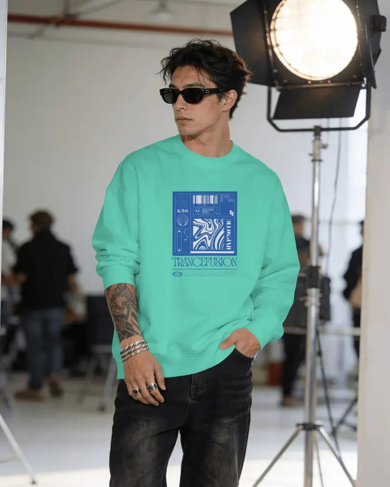 Male Sweatshirt Mockup Fashion Model With Hand In Pocket And Dark Denim Jeans